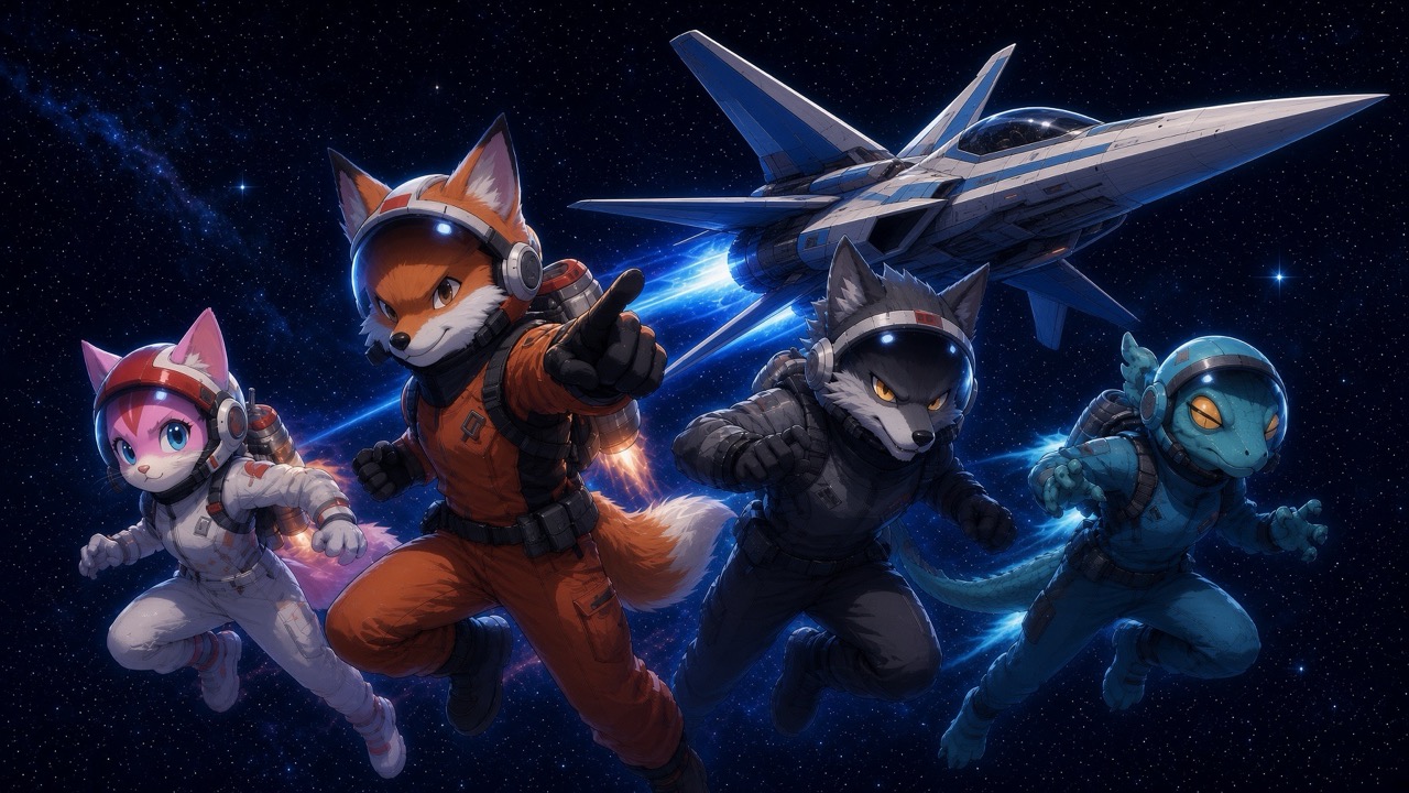 The Orbit fleet — four pilots and their starfighter